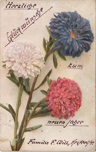Ansichtskarte  Neujahr/Sylvester - Astern Weiß, Blau, Rot 1920