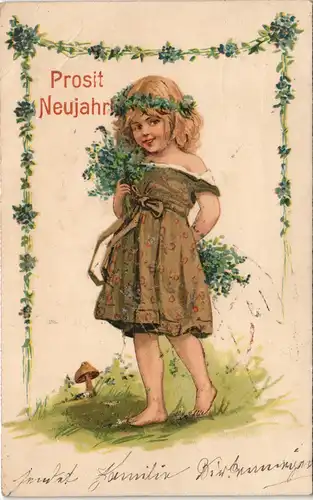 Ansichtskarte  Neujahr/Sylvester Prosit, hübsches Mädchen - Blumenrahmung 1908