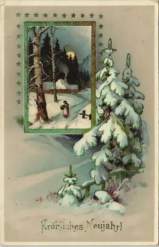 Neujahr/Sylvester Prägekarte - Tanne Winterspaziergang 1914 Goldrand