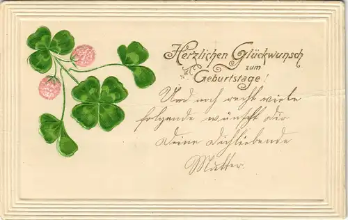 Glückwunsch Geburtstag Kleeblatt - JUGENSTIL-Ornament 1903 Prägekarte