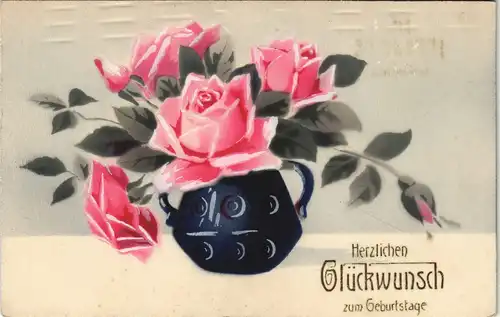 Ansichtskarte  Glückwunsch Geburtstag - Rosen in Vase - Künstlerkarte 1912