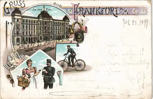Litho AK Frankfurt Main Post Postboten gel  Sachsenhausen nach Bockenheim 1897