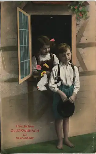 Glückwunsch Geburtstag - Junge und Mädchen gel. Rollstempel Frankfurt Main 1915