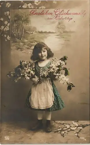 Ansichtskarte  Geburtstag, Fotokunst - coloriert Mädchen mit Blumen 1906
