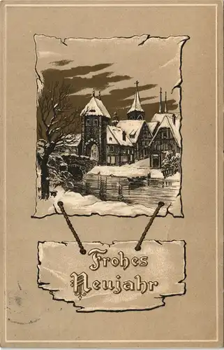 Gruss Neujahr/Sylvester (Happy New Year) 1914 Goldrand/Prägekarte  gel KRIFTEL