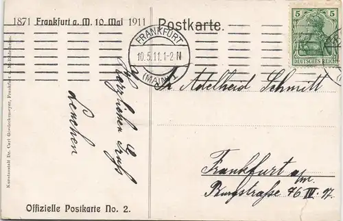 Frankfurt am Main FRIEDENSFEIER KORNBLUMENTAG Offiz. Postkarte 1911 Gold-Effekt