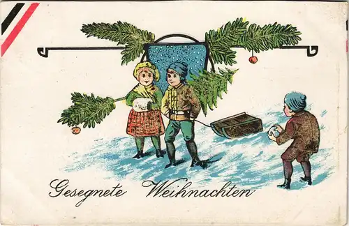Glückwunsch Weihnachten - Kinder mit Schlitten Patriotika Künstlerkarte 1915