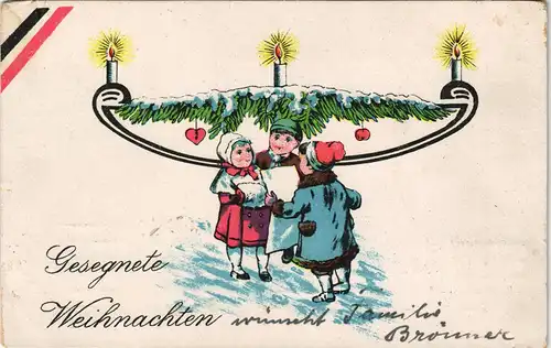 Glückwunsch Weihnachten Kinder unter Kerzenständer Patriotika Künstlerkarte 1916