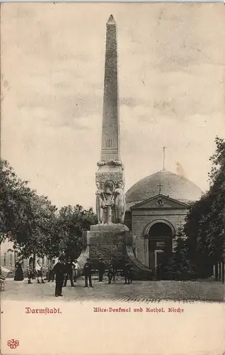 Ansichtskarte Darmstadt Männer vor Alice-Denkmal und kat. Kirche 1907