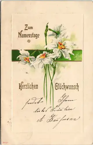 Glückwunsch Geburtstag - Blumen Prägekarte 1907 Goldrand/Prägekarte