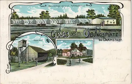 Litho AK Darmstadt GRUSS vmm ÜBUNGSPLATZ, Barackenlager "Wellblechhausen" 1904