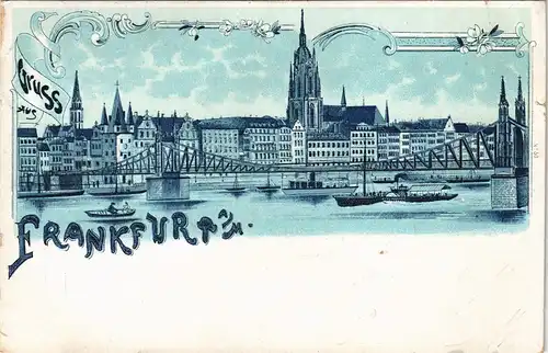 Litho AK Frankfurt am Main Panorama-Ansicht Main Partie Schiffe Brücke 1899