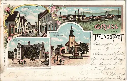 Litho AK Pfungstadt Mehrbild-Litho mit Borngasse, Rathaus, Kirche, Panorama 1899