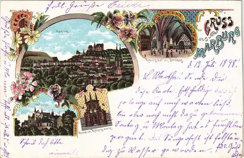 Litho AK Marburg an der Lahn Gruss-Aus-MB ua. Schloss, Rittersaal 1898