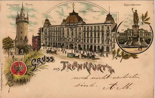 Litho AK Frankfurt am Main MB Reichspost-Gebäude, Schützenbunnen, Turm 1898
