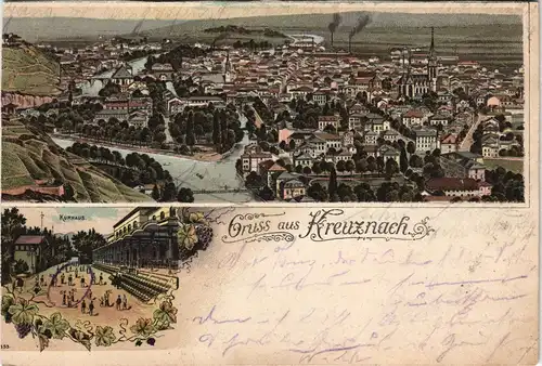 Litho AK Bad Kreuznach Mehrbild-Litho-AK mit Panorama-Ansicht, Kurhaus 1898