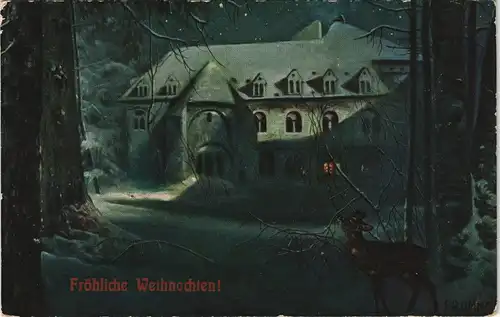 Ansichtskarte  Glückwunsch Weihnachten Reh vor Schloß im Winter 1908