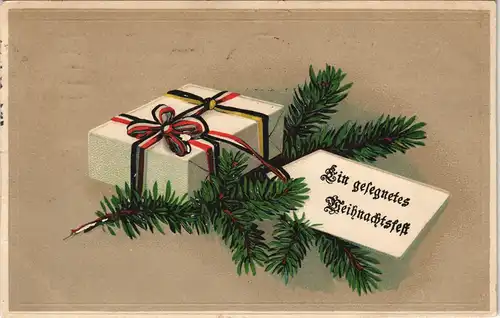 Glückwunsch Weihnachten - Paket Tannenzweig Patriotika 1915 Prägekarte
