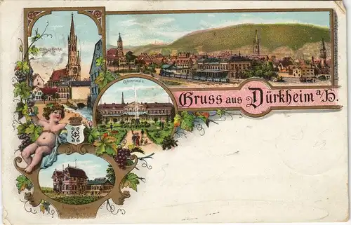 Litho AK Bad Dürkheim MB: Bahnhof, Kirche, Collonade - Engel 1900