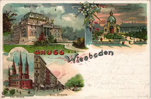 Litho AK Wiesbaden Theater Brunnen, W-Straße gel Bahnpost Caseel Frankfurt 1899