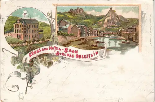 Ansichtskarte Idar-Oberstein 2 Bild Litho: Stadt, Hotel Bach Schloß 1898