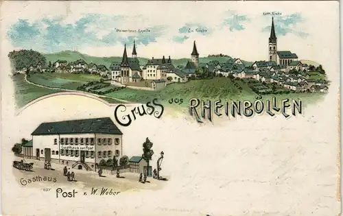 Litho AK Rheinböllen Totale, Gasthaus zur Post gel. Simmern 1898