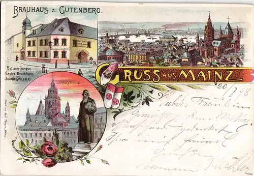 Ansichtskarte Litho AK Mainz Braujaus Gutenberg, Stadt... Gruss aus 1898