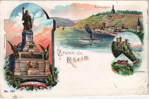Litho AK Rüdesheim (Rhein) Nationaldenkmal, Stadt, Schweizerhaus 1899