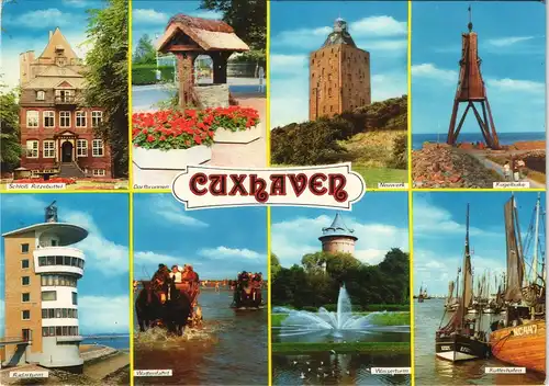 Cuxhaven Mehrbild-AK Radarturm, Watten-Fahrt, Wasserturm, Kutterhafen uvm. 1980