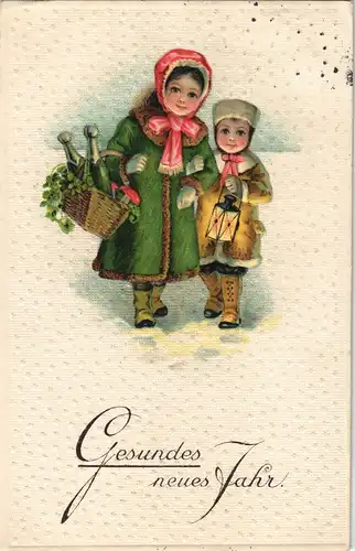 Ansichtskarte  Mädchen mit Laterne und Sekt - Gesundes Neues 1913 Prägekarte