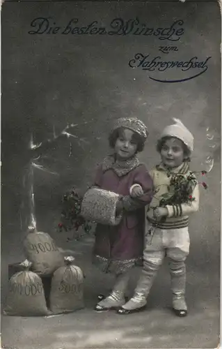 Ansichtskarte  Neujahr/Sylvester Junge Mädchen mit Geldsäcken 1913