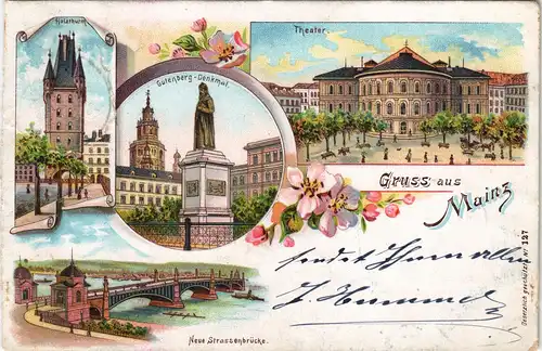 Ansichtskarte Mainz Holzturm, Theater, Denkmal - Gruss aus 1899