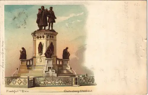 Litho AK Frankfurt am Main Gutenberg-Denkmal, gel. Stempel Bockenheim 1898