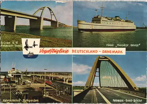 Vogelfluglinie Mehrbildkarte mit Fehmarn-Sund-Brücke, Fähre Theodor Heuss  1963