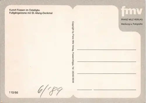 Ansichtskarte Füssen Fußgängerzone mit St.-Mang-Denkmal 1986