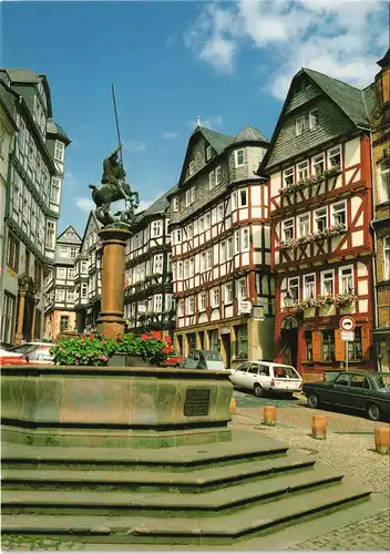 Marburg an der Lahn Marktplatz, Brunnen, Autos, Fachwerkhäuser 1990