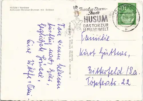 Ansichtskarte Husum Asmussen-Woldsen-Brunnen mit Rathaus 1958