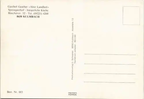 Kulmbach Gasthof Geuther Alter Landhof Speisegasthof - bürgerliche Küche 1978