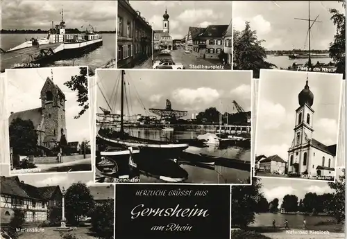 Ansichtskarte Gernsheim (Rhein) Schiff, Straßen, Markt, Rheinhafen uvm 1975