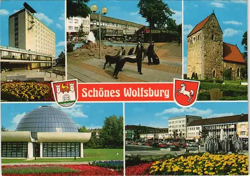 Ansichtskarte Wolfsburg Hochhaus, Skulpur, Planetarium 1988