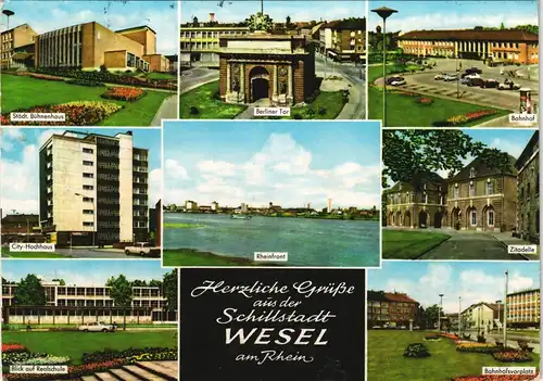 Wesel Mehrbild-AK mit Berliner Tor, Bahnhof, City-Hochhaus, Realschule uvm. 1980
