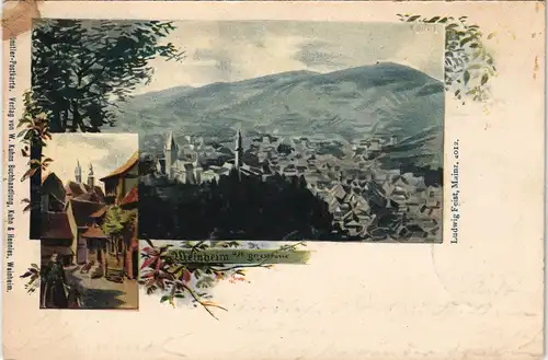 Weinheim (Bergstraße) 2 Bild: Künstlerkarte gel. Ankunftsstempel Bockenheim 1899