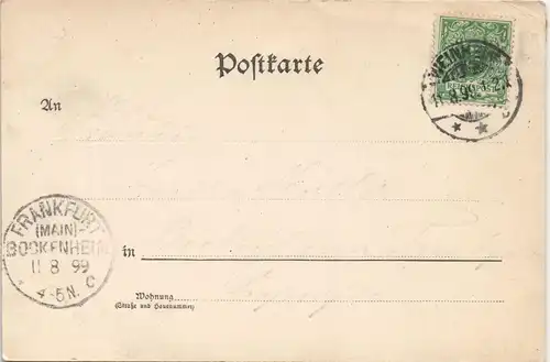 Weinheim (Bergstraße) 2 Bild: Künstlerkarte gel. Ankunftsstempel Bockenheim 1899