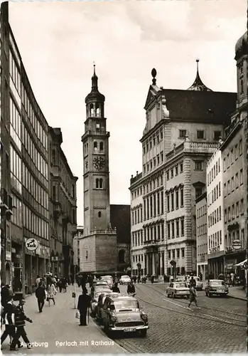 Ansichtskarte Augsburg Strassen Partie am Rathaus, Perlach-Turm 1960
