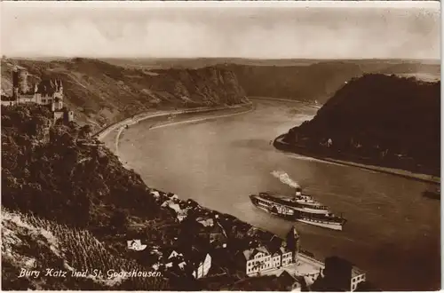 St. Goarshausen Burg Katz Rhein Schiff Dampfer, Panorama Blick 1928