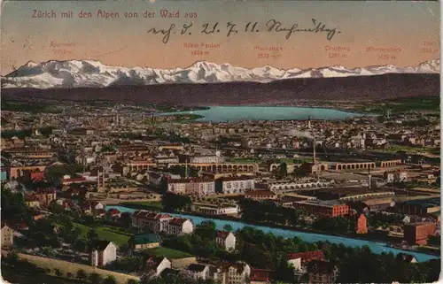 Ansichtskarte Zürich Stadt mit Alpen von der Waid aus 1911