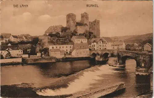 Ansichtskarte Runkel Panorama-Ansicht Blick Lahn Brücke u. Burg 1919/1907