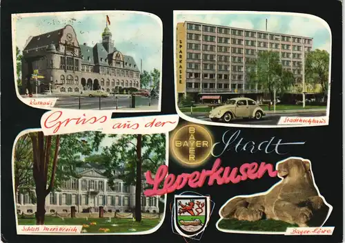 Leverkusen Mehrbild-AK Stadtteilansichten VW Käfer vor Sparkasse u. Löwe 1965