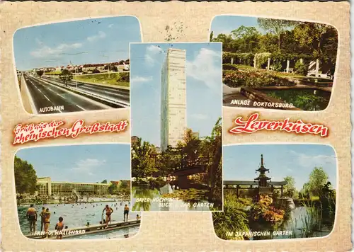 Leverkusen Mehrbild-AK mit Autobahn, Freibad, Japanischer Garten uvm. 1965