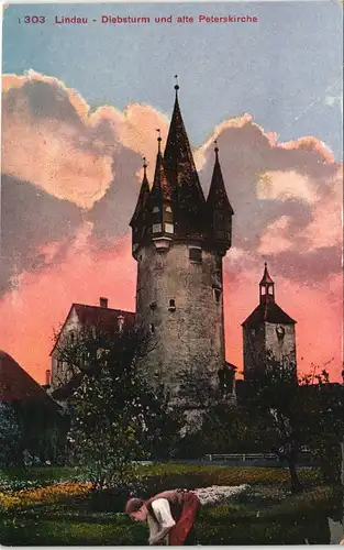 Ansichtskarte Lindau (Bodensee) Peterskirche, Stimmungsbild Abendrot 1912